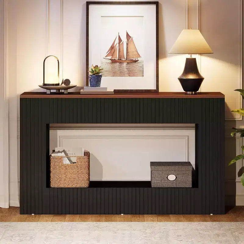 Console moderne, table d'entrée en bois de 140 cm avec rangement, table basse étroite et longue