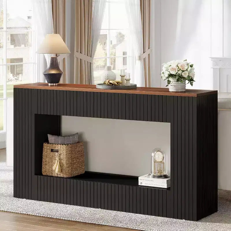 Console moderne, table d'entrée en bois de 140 cm avec rangement, table basse étroite et longue