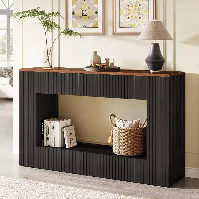 Console moderne, table d'entrée en bois de 140 cm avec rangement, table basse étroite et longue