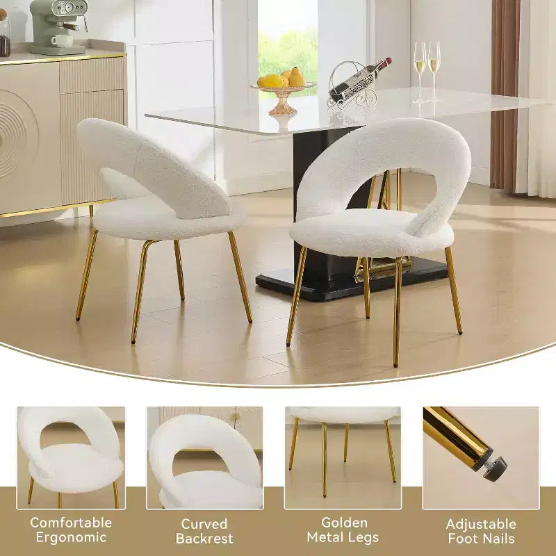 26 Chaises de salle à manger tapissées Chaises d'appoint sans accoudoirs Chaises de bistrot avec dossier incurvé et pied en métal doré, Velours/Tissu Teddy, Blanc/Vert/Rose