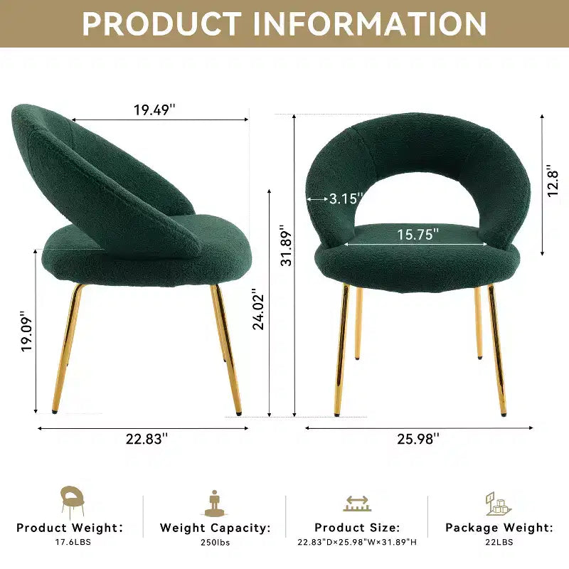 26 Chaises de salle à manger tapissées Chaises d'appoint sans accoudoirs Chaises de bistrot avec dossier incurvé et pied en métal doré, Velours/Tissu Teddy, Blanc/Vert/Rose