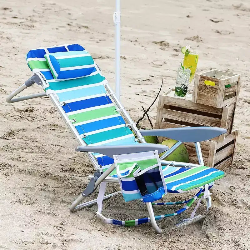 Suspension Folding Beach Backpack Chair with Cup Holder, Towel Bar  Built-in Phone Pocket, Lay-Flat, Hands-Free to Carry for Adults
