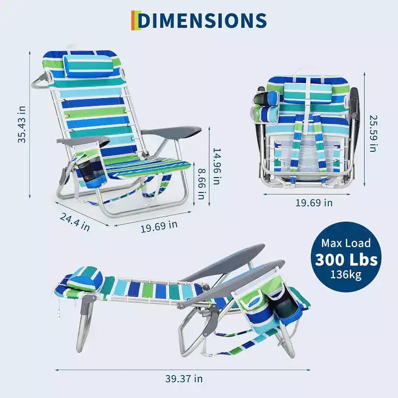Chaise de plage pliante suspendue avec porte-gobelet, barre porte-serviettes, poche pour téléphone intégrée, position couchée à plat, facile à transporter pour adultes