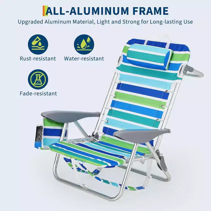 Chaise de plage pliante suspendue avec porte-gobelet, barre porte-serviettes, poche pour téléphone intégrée, position couchée à plat, facile à transporter pour adultes