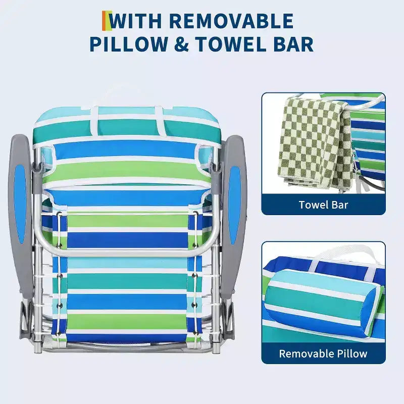Chaise de plage pliante suspendue avec porte-gobelet, barre porte-serviettes, poche pour téléphone intégrée, position couchée à plat, facile à transporter pour adultes