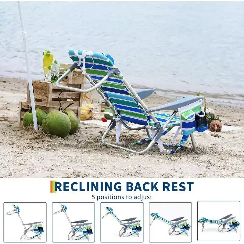 Chaise de plage pliante suspendue avec porte-gobelet, barre porte-serviettes, poche pour téléphone intégrée, position couchée à plat, facile à transporter pour adultes