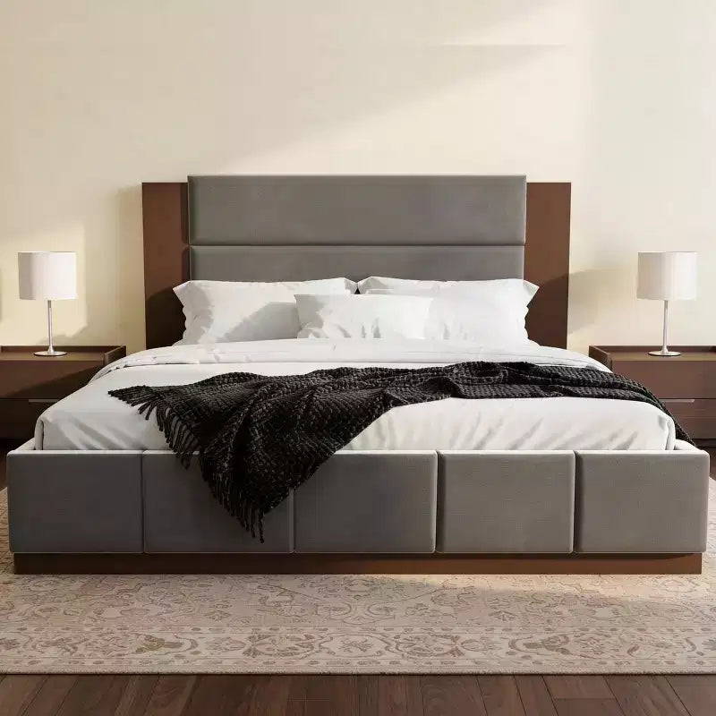 Cadre de lit plateforme en bouclette/velours avec tête de lit en bois étendue, pas besoin de sommier tapissier, taille Queen/King