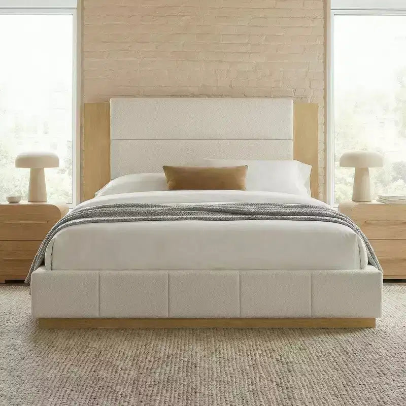 ModernLuxe Boucle/Velvet Upholstered Platform Bed Frame with Extended Wood Headboard, No Box Spring Needed, Queen/King Size