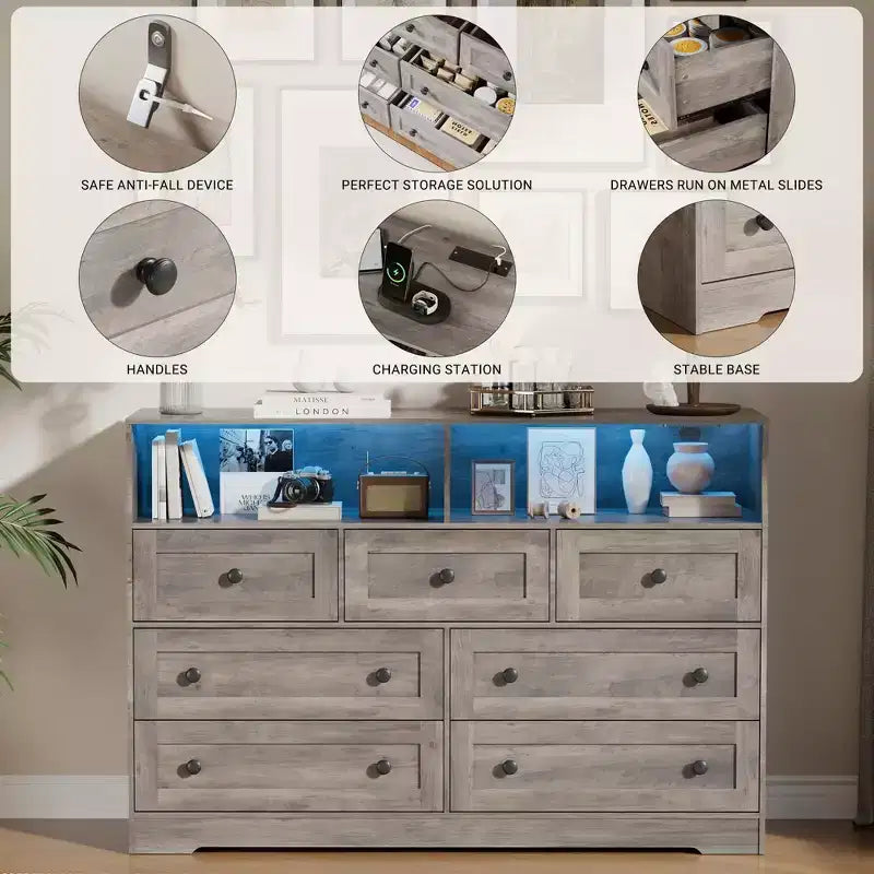 Commode de Chambre, Commode en Bois à 7 Tiroirs avec LED et 2 Niches de Rangement Ouvertes, Large Commodes pour Salon, Placard, Chambre d'Enfant
