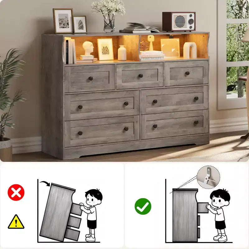 Commode de Chambre, Commode en Bois à 7 Tiroirs avec LED et 2 Niches de Rangement Ouvertes, Large Commodes pour Salon, Placard, Chambre d'Enfant