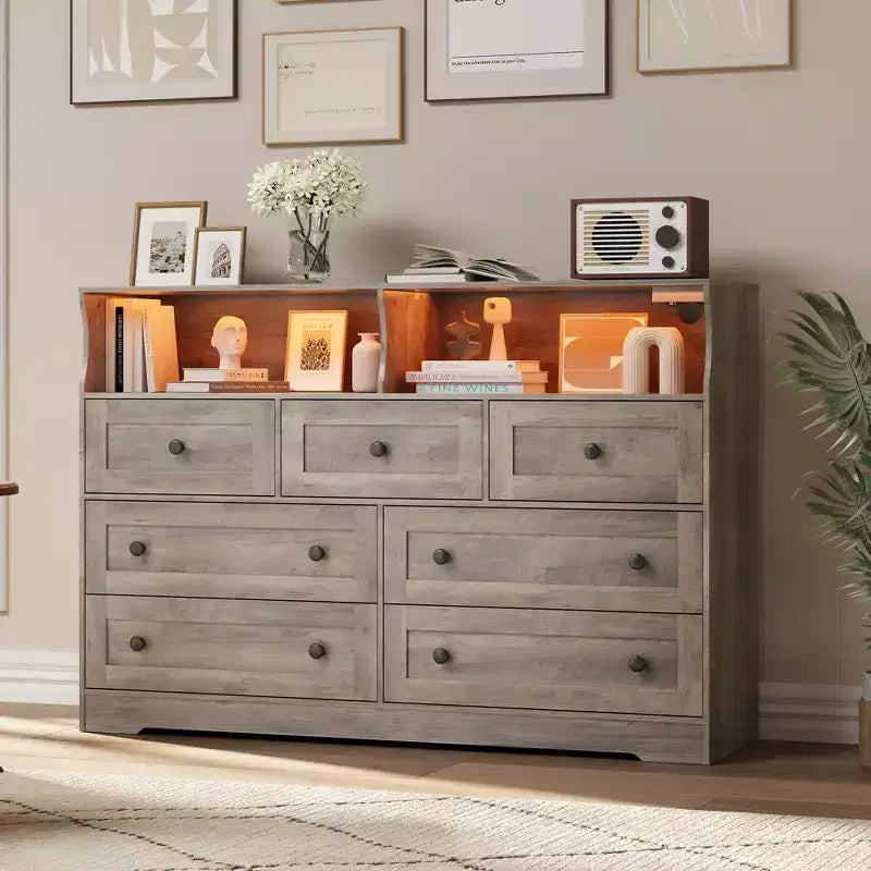 Commode de Chambre, Commode en Bois à 7 Tiroirs avec LED et 2 Niches de Rangement Ouvertes, Large Commodes pour Salon, Placard, Chambre d'Enfant
