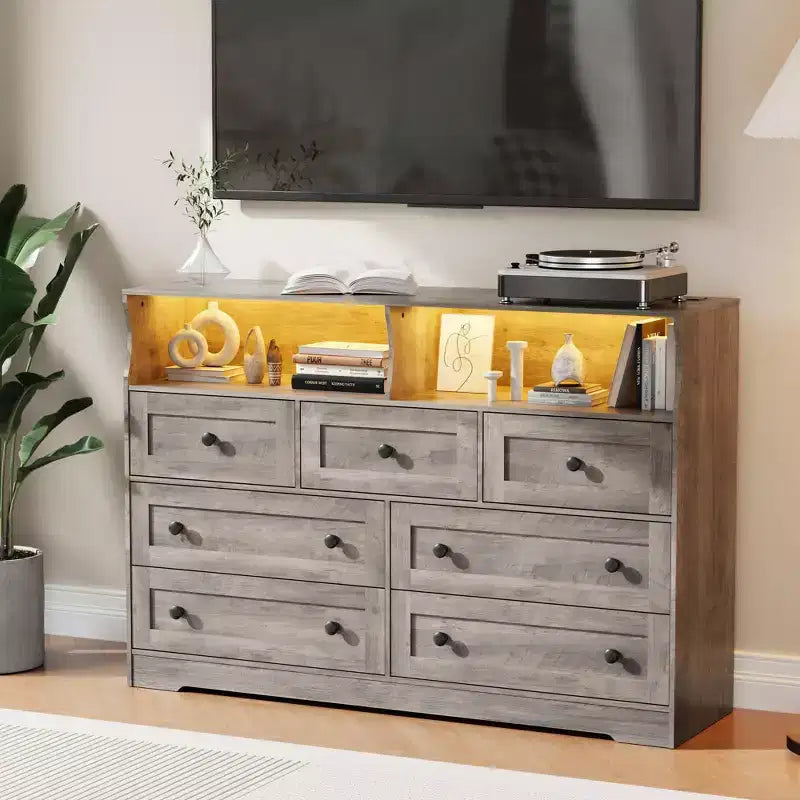 Commode de Chambre, Commode en Bois à 7 Tiroirs avec LED et 2 Niches de Rangement Ouvertes, Large Commodes pour Salon, Placard, Chambre d'Enfant