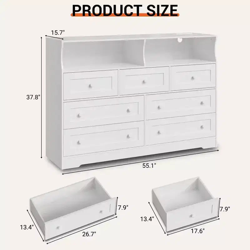 Commode de Chambre, Commode en Bois à 7 Tiroirs avec LED et 2 Niches de Rangement Ouvertes, Large Commodes pour Salon, Placard, Chambre d'Enfant