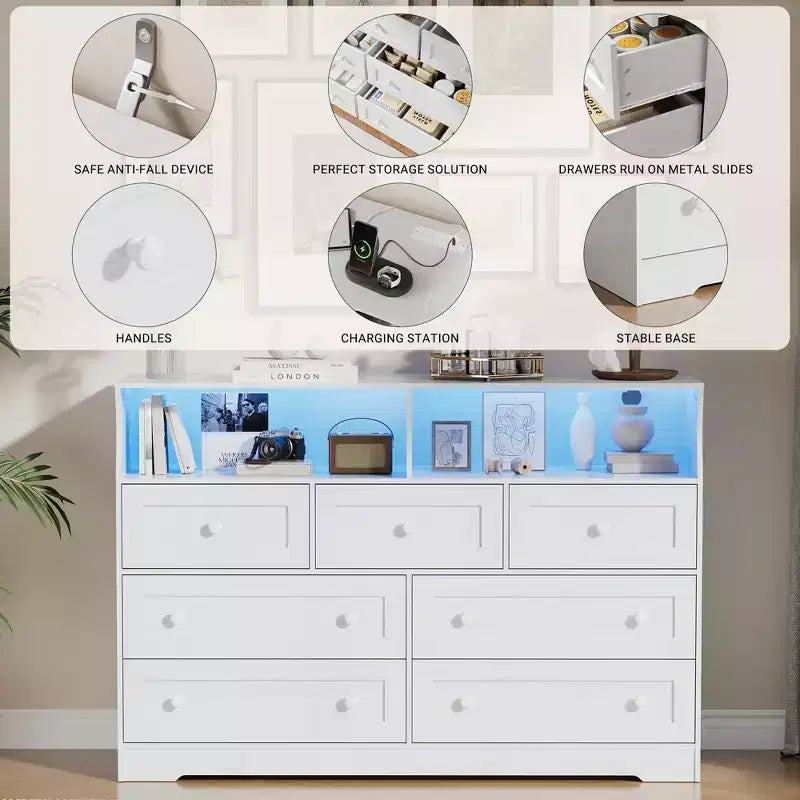 Commode de Chambre, Commode en Bois à 7 Tiroirs avec LED et 2 Niches de Rangement Ouvertes, Large Commodes pour Salon, Placard, Chambre d'Enfant