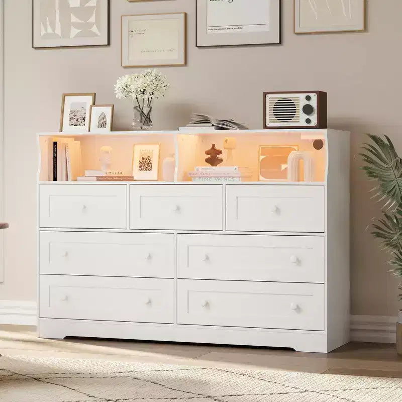 Commode de Chambre, Commode en Bois à 7 Tiroirs avec LED et 2 Niches de Rangement Ouvertes, Large Commodes pour Salon, Placard, Chambre d'Enfant