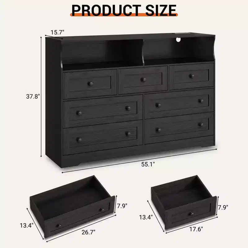 Commode de Chambre, Commode en Bois à 7 Tiroirs avec LED et 2 Niches de Rangement Ouvertes, Large Commodes pour Salon, Placard, Chambre d'Enfant