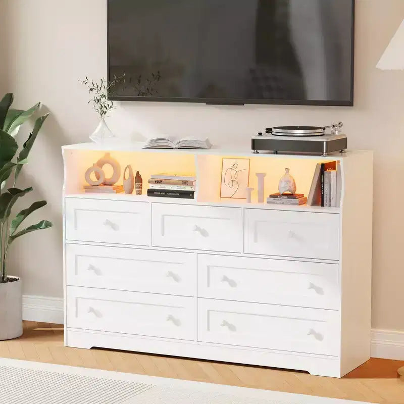 Commode de Chambre, Commode en Bois à 7 Tiroirs avec LED et 2 Niches de Rangement Ouvertes, Large Commodes pour Salon, Placard, Chambre d'Enfant