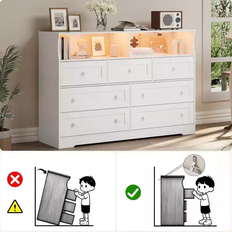 Commode de Chambre, Commode en Bois à 7 Tiroirs avec LED et 2 Niches de Rangement Ouvertes, Large Commodes pour Salon, Placard, Chambre d'Enfant