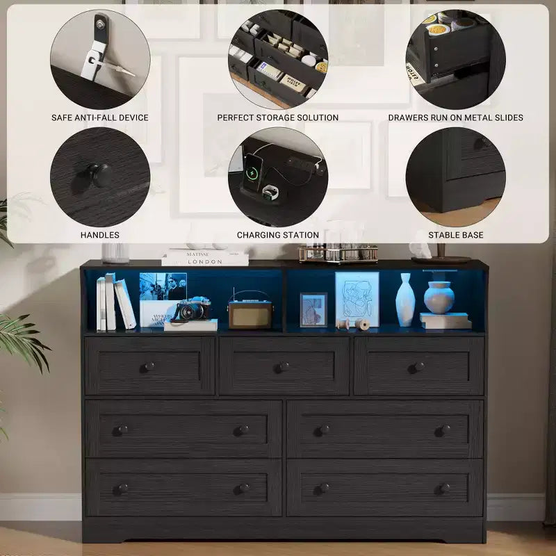 Commode de Chambre, Commode en Bois à 7 Tiroirs avec LED et 2 Niches de Rangement Ouvertes, Large Commodes pour Salon, Placard, Chambre d'Enfant