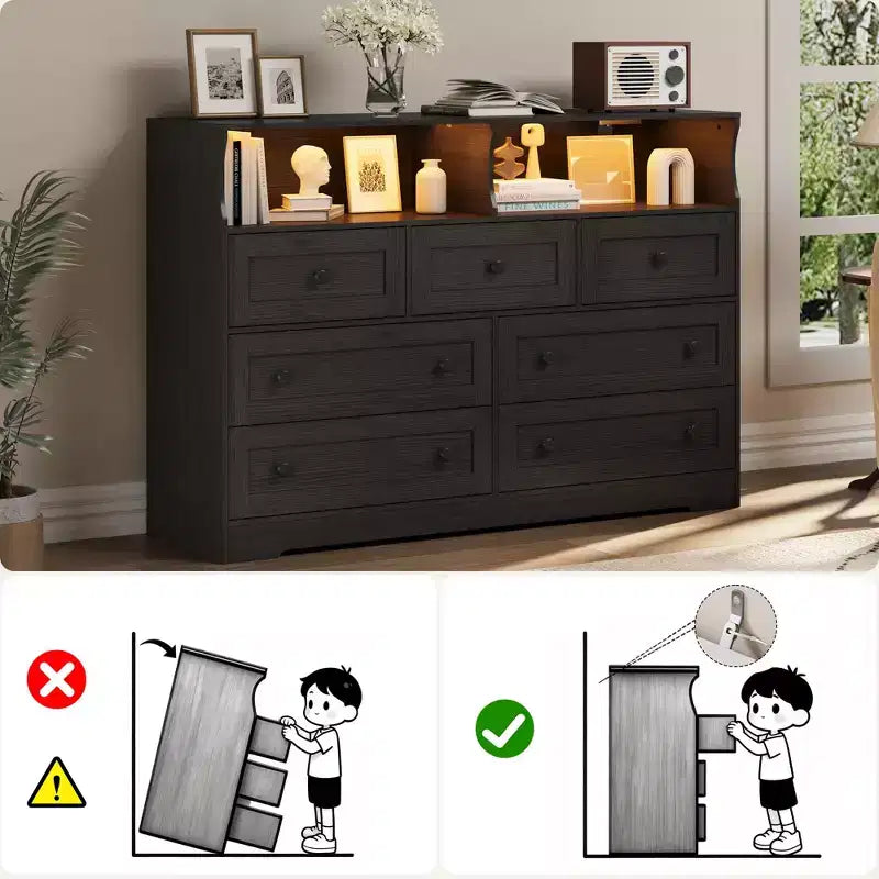 Commode de Chambre, Commode en Bois à 7 Tiroirs avec LED et 2 Niches de Rangement Ouvertes, Large Commodes pour Salon, Placard, Chambre d'Enfant