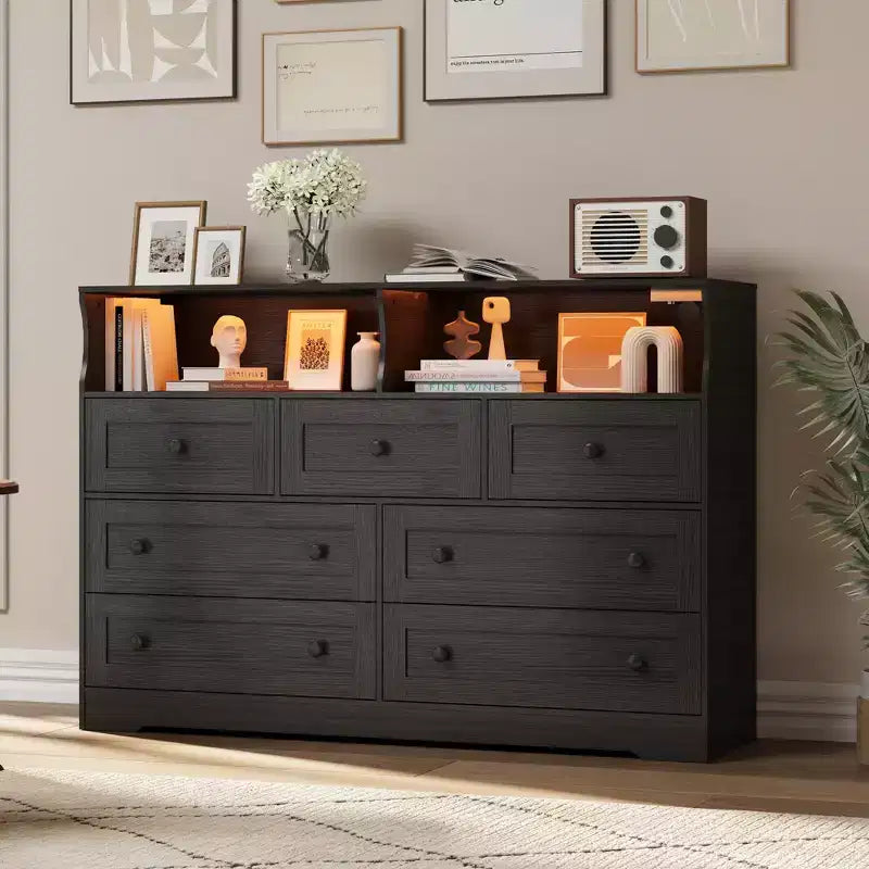 Commode de Chambre, Commode en Bois à 7 Tiroirs avec LED et 2 Niches de Rangement Ouvertes, Large Commodes pour Salon, Placard, Chambre d'Enfant
