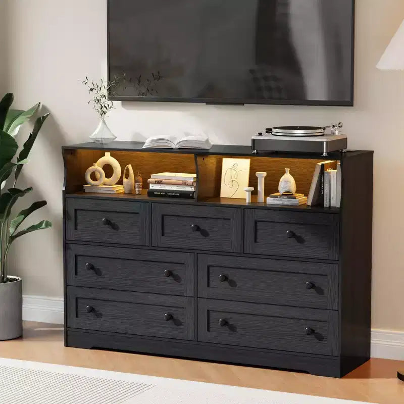 Commode de Chambre, Commode en Bois à 7 Tiroirs avec LED et 2 Niches de Rangement Ouvertes, Large Commodes pour Salon, Placard, Chambre d'Enfant
