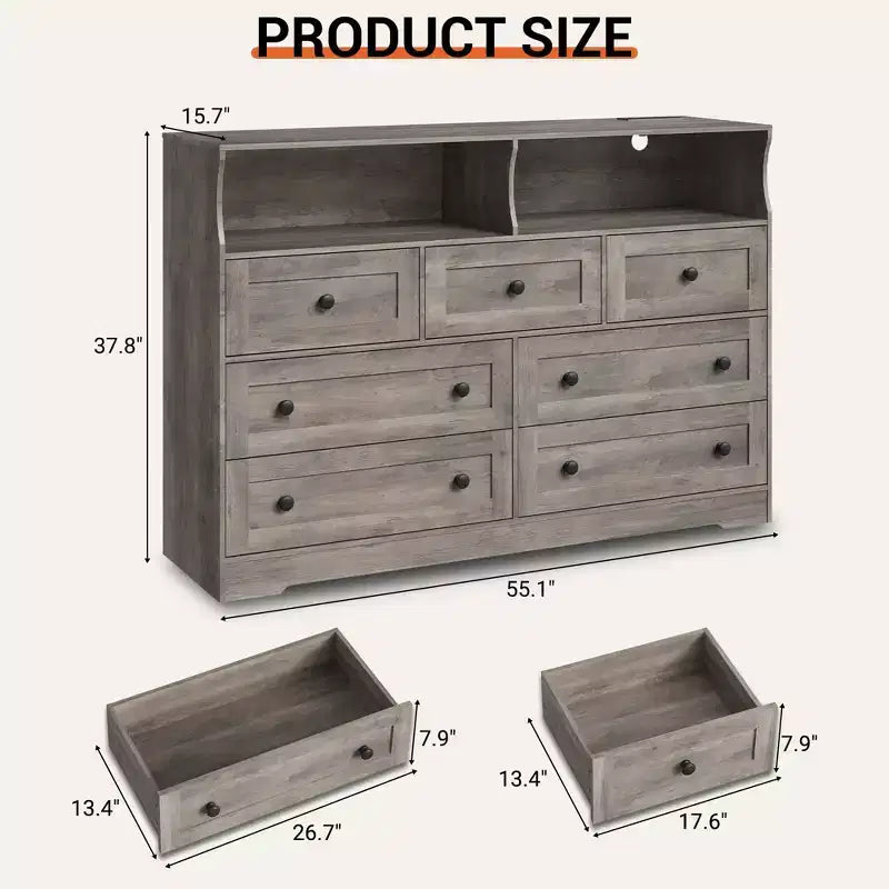 Commode de Chambre, Commode en Bois à 7 Tiroirs avec LED et 2 Niches de Rangement Ouvertes, Large Commodes pour Salon, Placard, Chambre d'Enfant