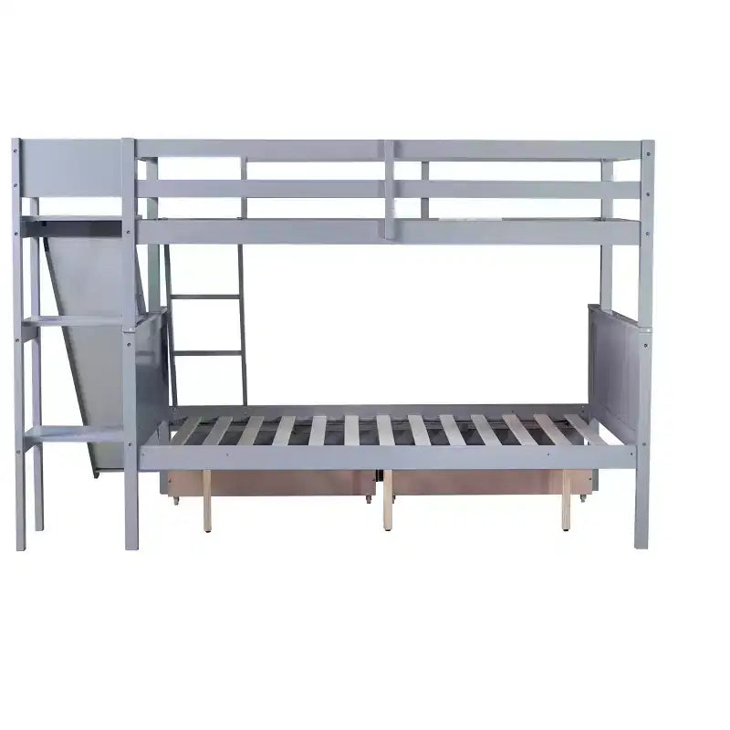 Lit superposé double sur lits jumeaux avec 2 tiroirs, toboggan, lit superposé en bois d'hévéa avec échelle à étagères, peu encombrant, sommier tapissier non requis