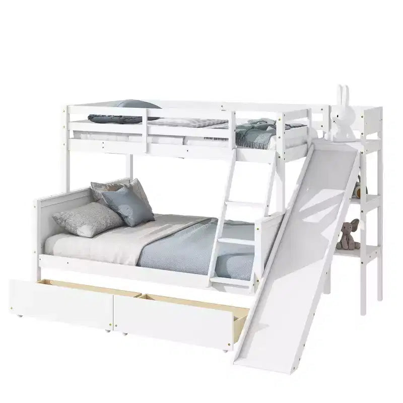 Lit superposé double sur lits jumeaux avec 2 tiroirs, toboggan, lit superposé en bois d'hévéa avec échelle à étagères, peu encombrant, sommier tapissier non requis