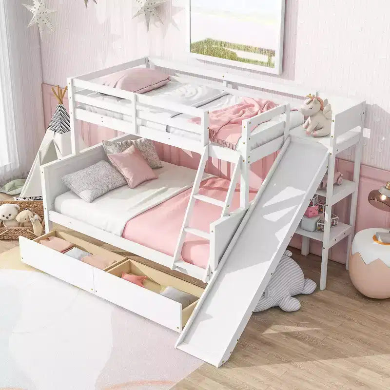 Lit superposé double sur lits jumeaux avec 2 tiroirs, toboggan, lit superposé en bois d'hévéa avec échelle à étagères, peu encombrant, sommier tapissier non requis