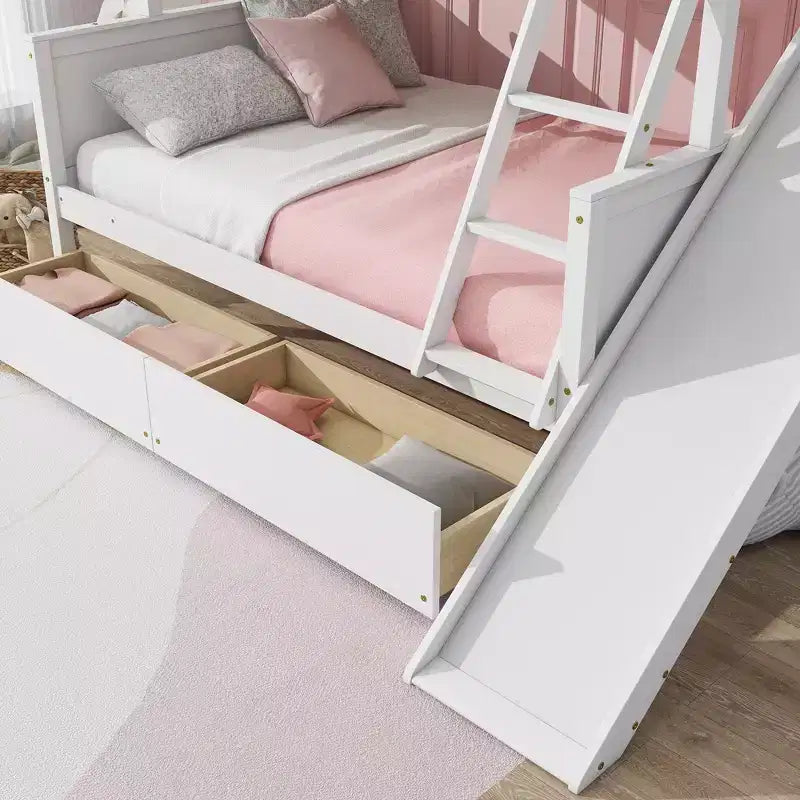 Lit superposé double sur lits jumeaux avec 2 tiroirs, toboggan, lit superposé en bois d'hévéa avec échelle à étagères, peu encombrant, sommier tapissier non requis