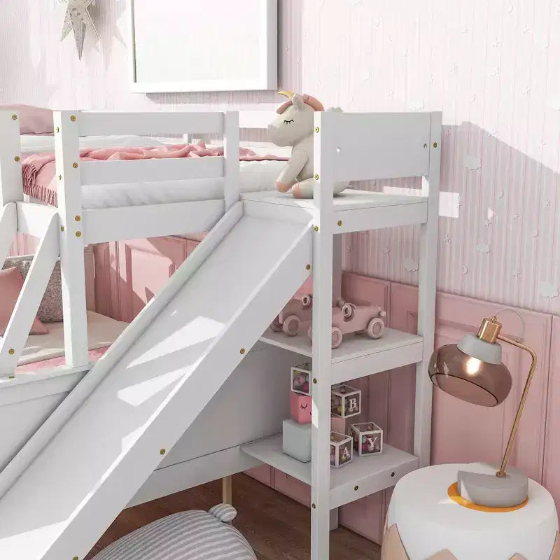 Lit superposé double sur lits jumeaux avec 2 tiroirs, toboggan, lit superposé en bois d'hévéa avec échelle à étagères, peu encombrant, sommier tapissier non requis