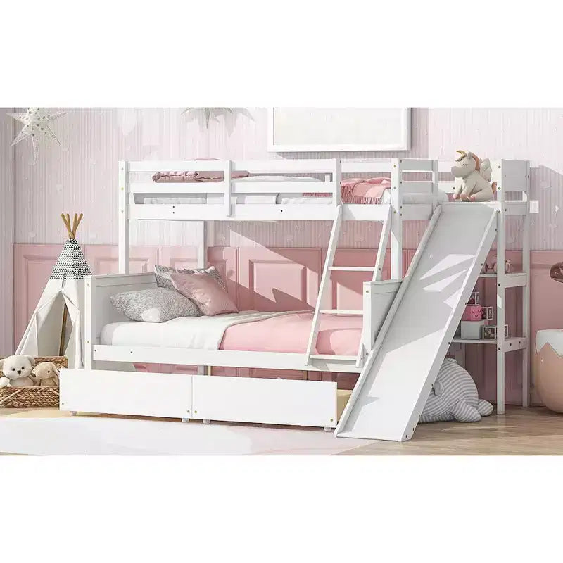 Lit superposé double sur lits jumeaux avec 2 tiroirs, toboggan, lit superposé en bois d'hévéa avec échelle à étagères, peu encombrant, sommier tapissier non requis
