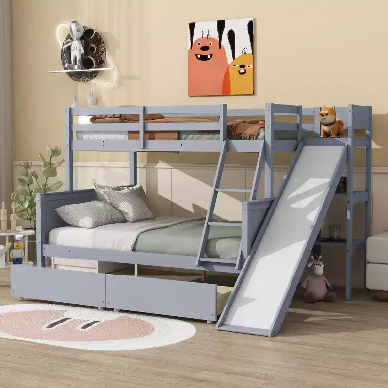 Lit superposé double sur lits jumeaux avec 2 tiroirs, toboggan, lit superposé en bois d'hévéa avec échelle à étagères, peu encombrant, sommier tapissier non requis