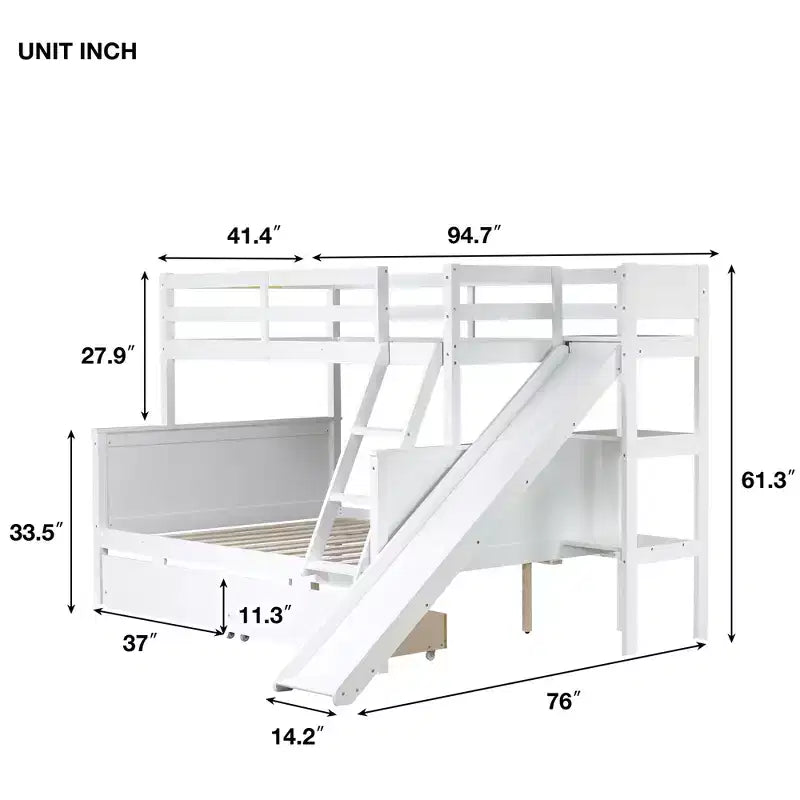 Lit superposé double sur lits jumeaux avec 2 tiroirs, toboggan, lit superposé en bois d'hévéa avec échelle à étagères, peu encombrant, sommier tapissier non requis