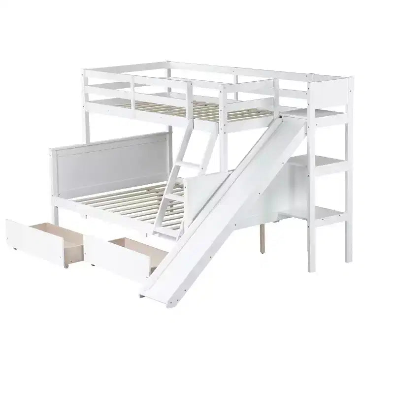 Lit superposé double sur lits jumeaux avec 2 tiroirs, toboggan, lit superposé en bois d'hévéa avec échelle à étagères, peu encombrant, sommier tapissier non requis