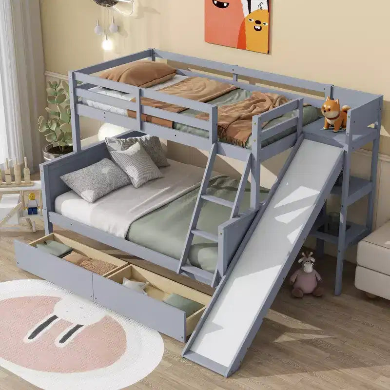 Lit superposé double sur lits jumeaux avec 2 tiroirs, toboggan, lit superposé en bois d'hévéa avec échelle à étagères, peu encombrant, sommier tapissier non requis