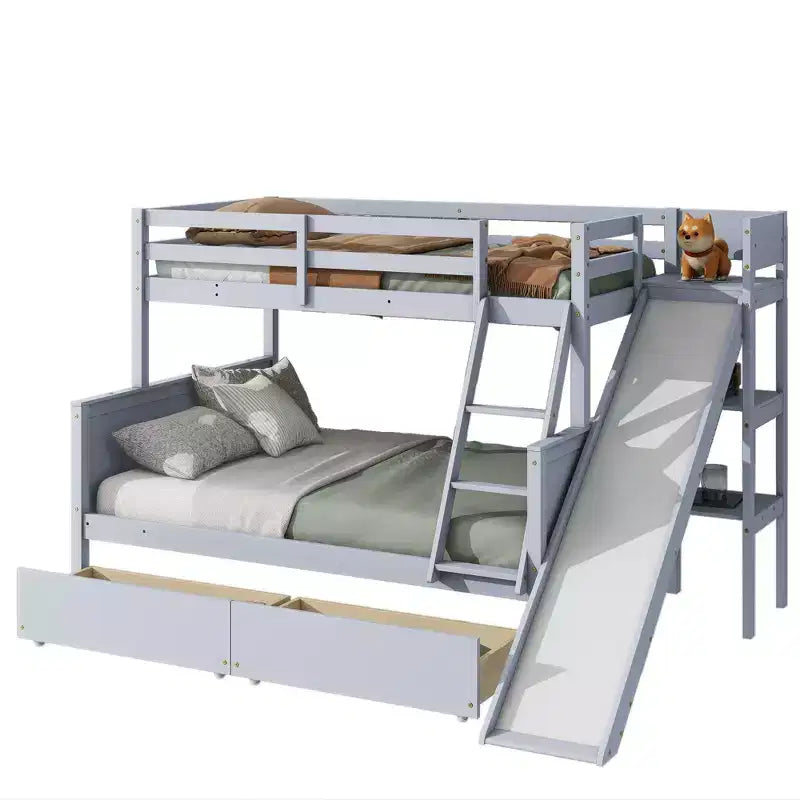 Lit superposé double sur lits jumeaux avec 2 tiroirs, toboggan, lit superposé en bois d'hévéa avec échelle à étagères, peu encombrant, sommier tapissier non requis