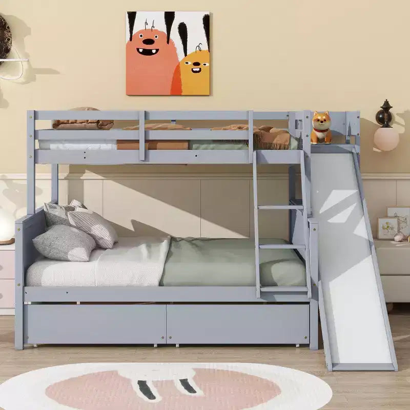 Bellemave Twin over Full Bunk Bed with 2 DrawersSlide, Rubber Wood Bunk Bed with Shelves Ladder,Space-SavingBox Spring Not Required