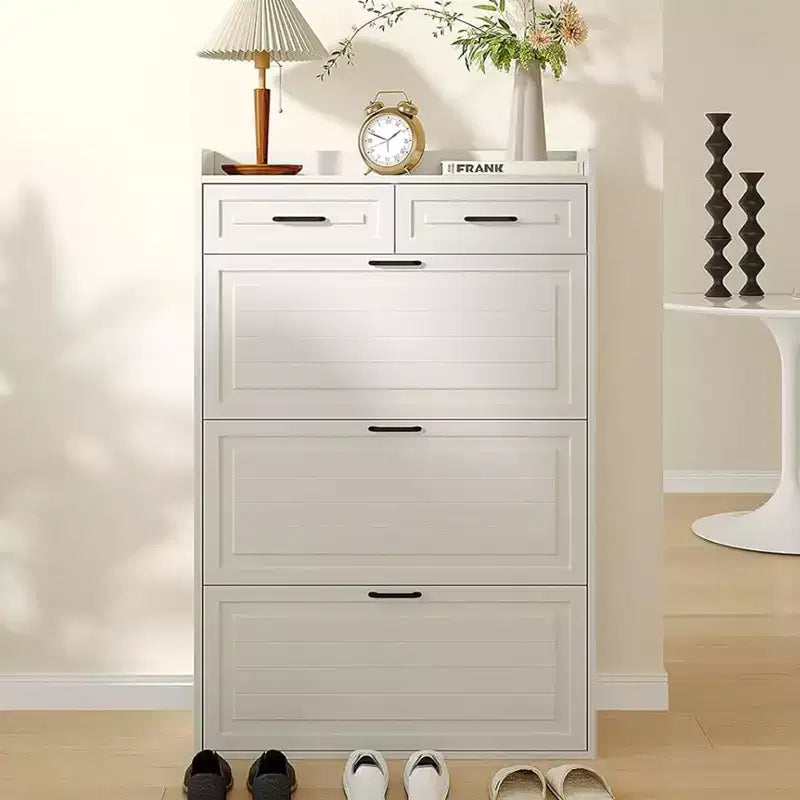 Shoe Cabinet, White Hidden Wood Shoe Storage Cabinet with 2 Drawers &amp; 3 Flip Drawers, Narrow Shoe Rack