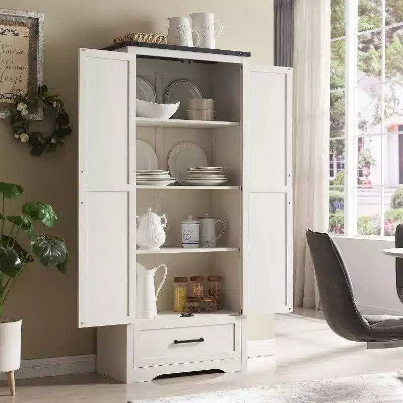 Garde-manger haut de 72 po, armoire de rangement en bois style ferme avec étagères réglables et