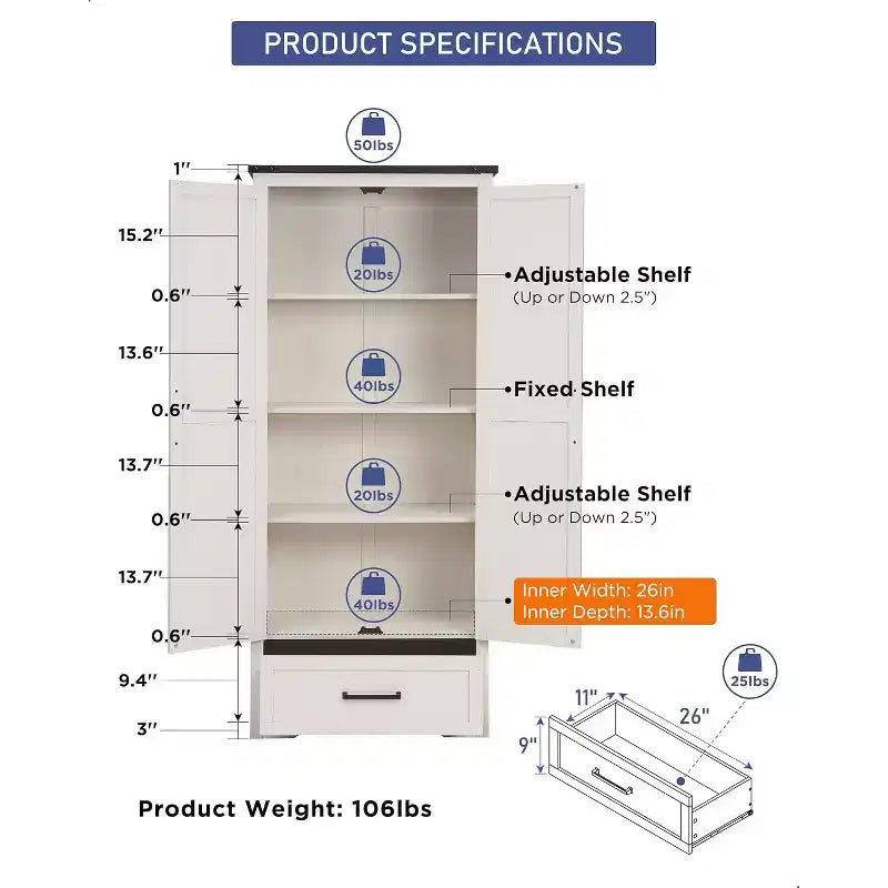 Garde-manger haut de 72 po, armoire de rangement en bois style ferme avec étagères réglables et