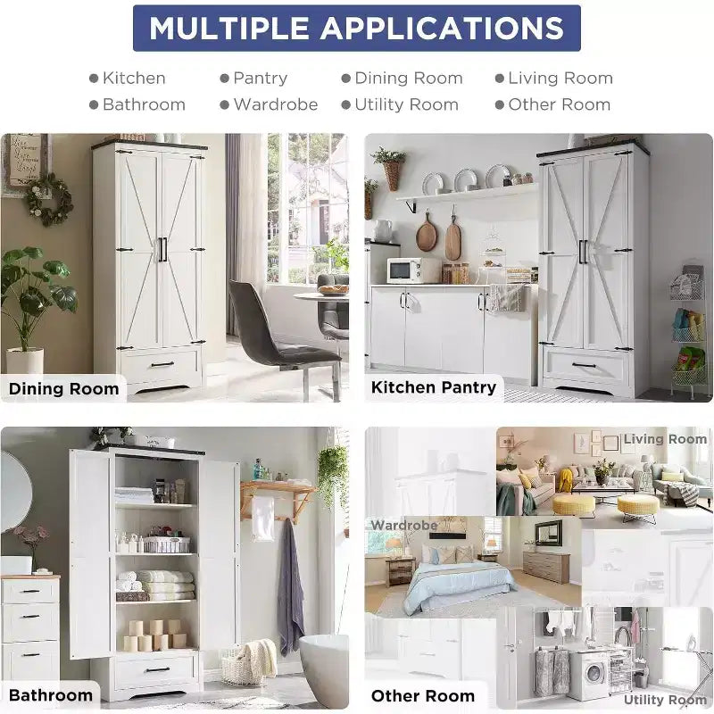 Garde-manger haut de 72 po, armoire de rangement en bois style ferme avec étagères réglables et