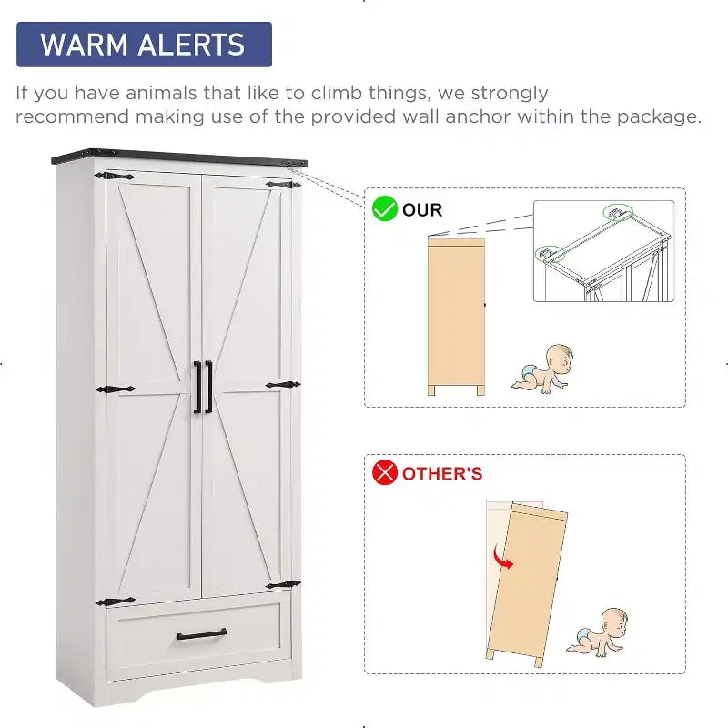Garde-manger haut de 72 po, armoire de rangement en bois style ferme avec étagères réglables et