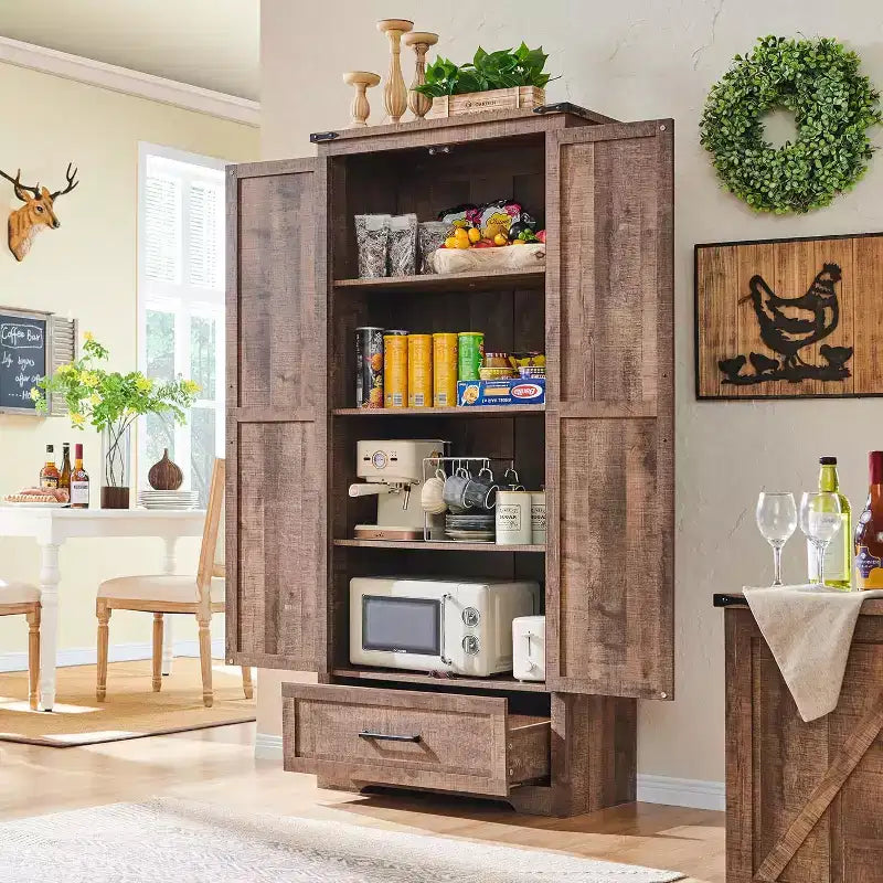 Garde-manger haut de 72 po, armoire de rangement en bois style ferme avec étagères réglables et