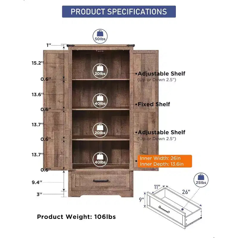 Garde-manger haut de 72 po, armoire de rangement en bois style ferme avec étagères réglables et