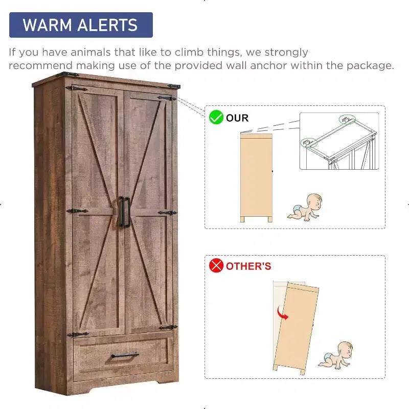 Garde-manger haut de 72 po, armoire de rangement en bois style ferme avec étagères réglables et