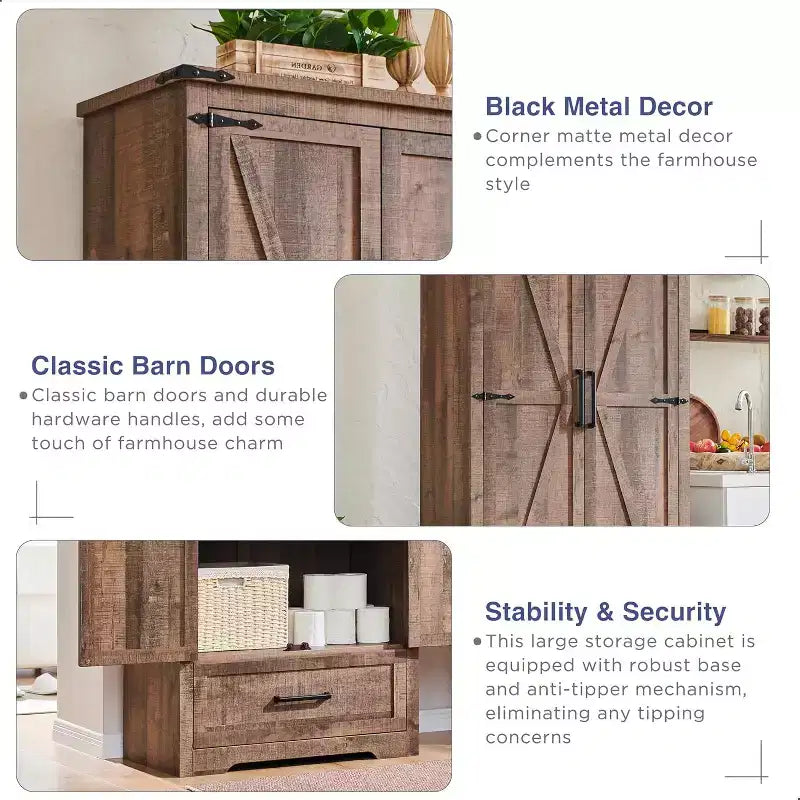 Garde-manger haut de 72 po, armoire de rangement en bois style ferme avec étagères réglables et