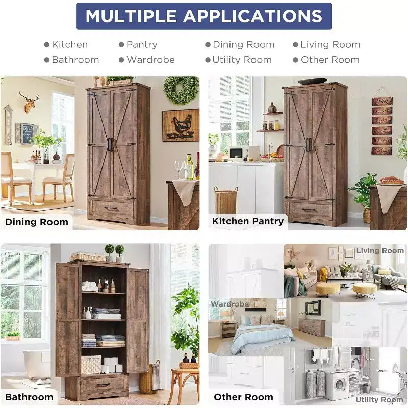 Garde-manger haut de 72 po, armoire de rangement en bois style ferme avec étagères réglables et