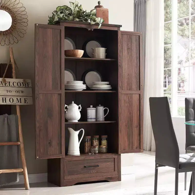 Garde-manger haut de 72 po, armoire de rangement en bois style ferme avec étagères réglables et